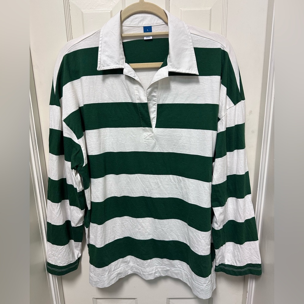Old Navy V-Neck Long Sleeve Green Striped Rugby Top Womens L Relaxed Sports